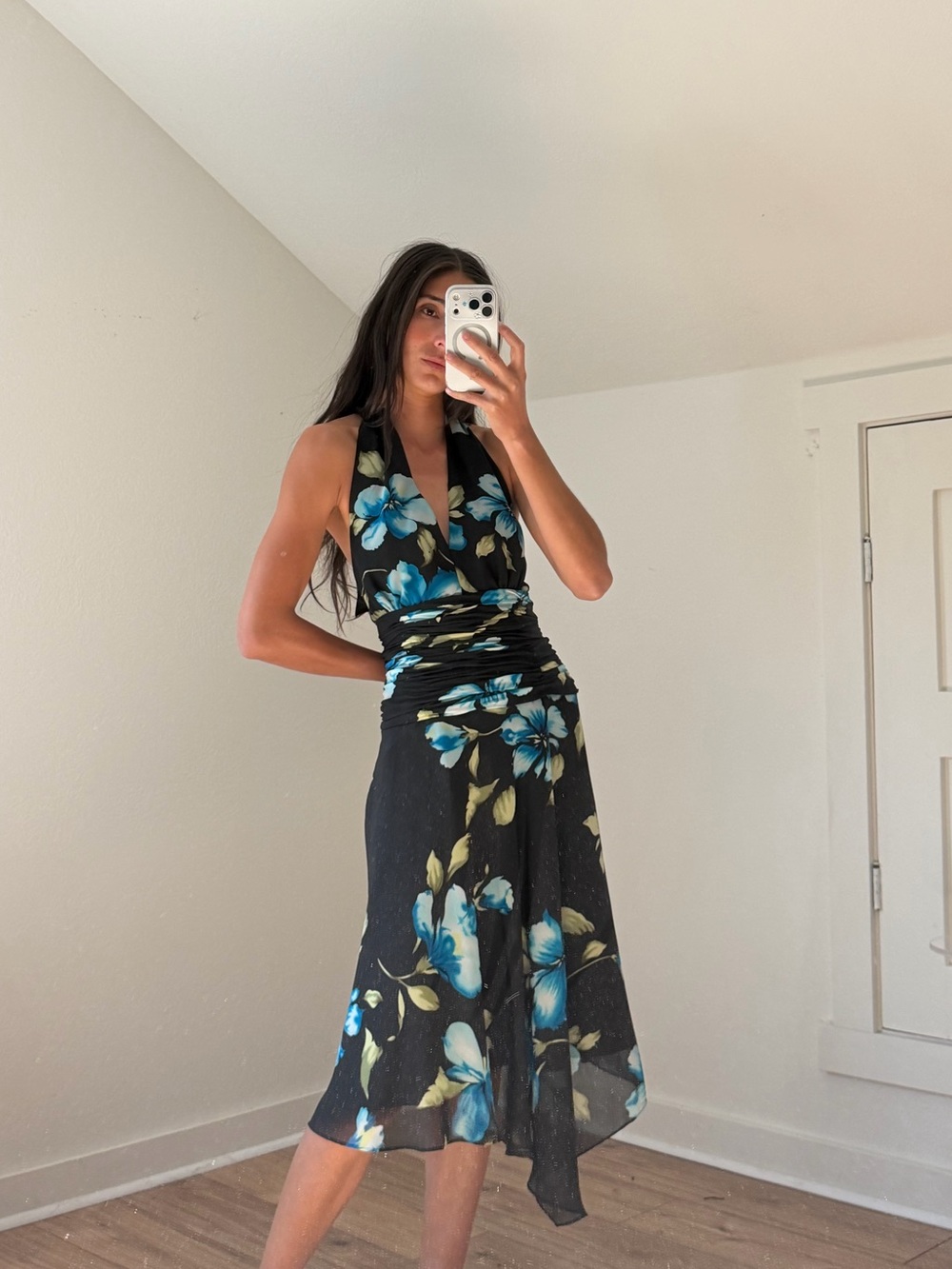 Donna Ricco Black Halter Midi Dress with Blue Floral Print